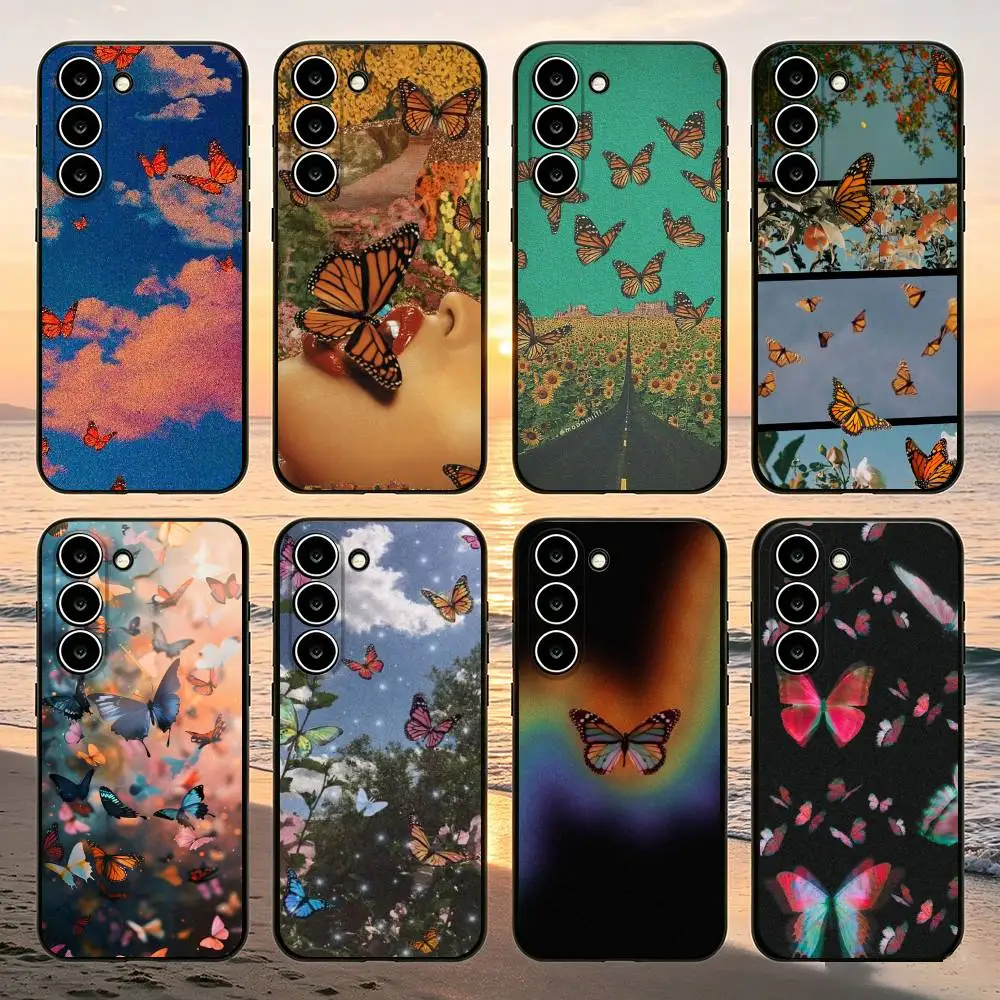 Retro Butterfly Print Phone Case For Samsung Galaxy A52 A42 A32 A22 A12 A02S A72 A73 A51 A41 A31 A21S A71 A30S Black Cover