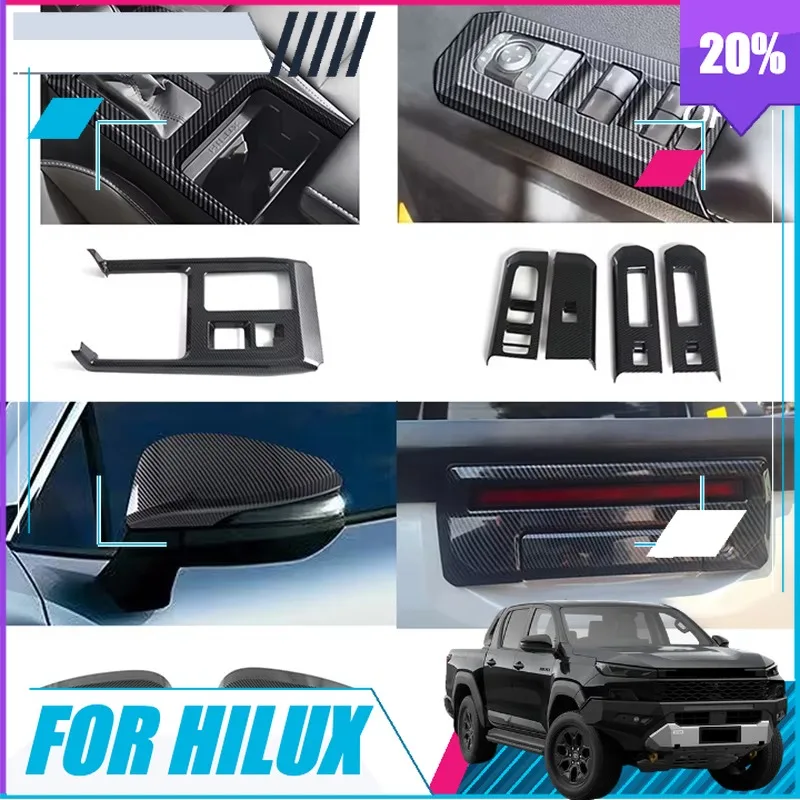 BOMP For Toyota Hilux 2026 Carbon Fiber Pattern Window Switch Panel Gear Shift Frame Steering Wheel Trim Mirror Cover Car Access