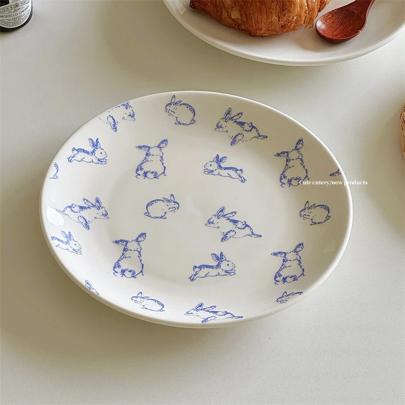 

Cute Rabbit Print Ceramic Plate Safe Underglaze Full Print Round Dishes 8Inches Home Kitchen Dining Tableware Dessert Cake Plate