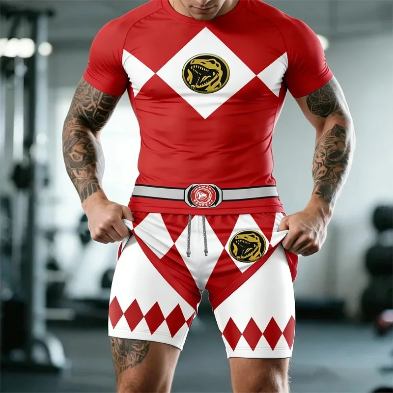 Power Rangers Ranger Compression 2 Pieces Suit Youth Gym Workout T-shirt 2-in-1 Shorts Father Cosplay Athletic Fitness Outfit