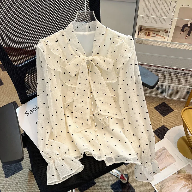 2026 French Temperament Socialite Sweet Ruffle Love Lace-up Pearl Buckle Long-sleeved Shirt Blouse