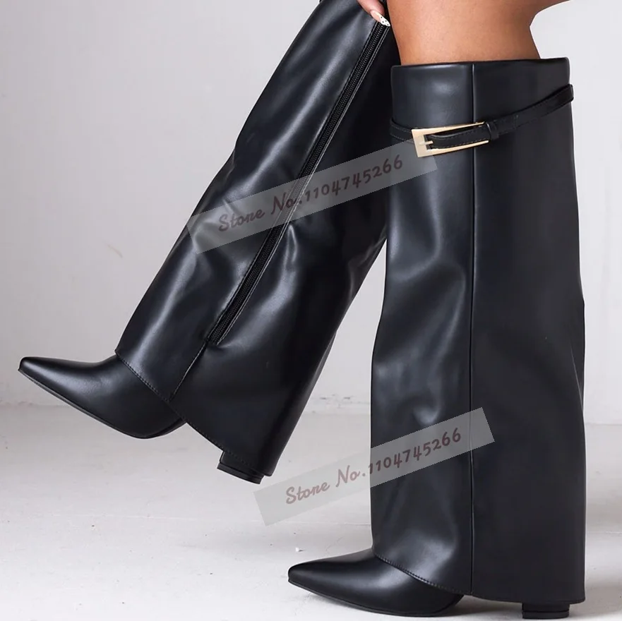 Burgundy Black Matte Chunky Heel Knee High Boots Turn-Over Golden Metal Buckle Strap Tall Boots Pointed Toe Fall Winter Shoes