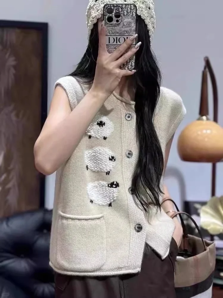 

00% Pure Wool Heavyweight Tee Littlerams Knitted Open Cardigan Women's round Ne Svel Soft Cozy Layering Vest