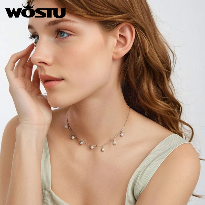 WOSTU حقيقية 925 فضة اللؤلؤ قطرة قلادة قلادة المرأة أنيقة قذيفة اللؤلؤ عيد ميلاد مجوهرات هدية لفتاة أمي