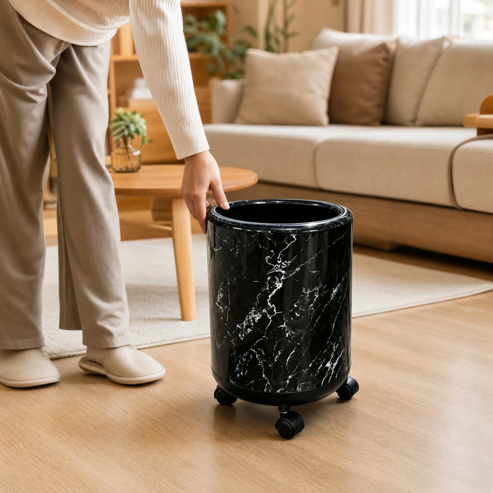 12L PP Plastic Trash Can Compact Marble-Patterned Waste Bin with Inner and Outer Bin Plastic Trash Can Space-Saving
