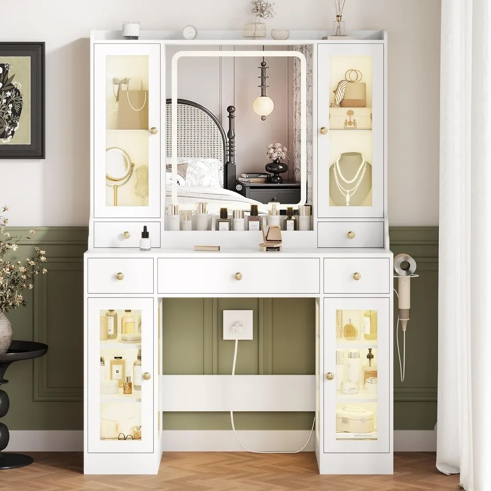 

White Vanity Desk with LED Mirror Makeup Table 5 Drawers Dressing Table with RGB Cabinet Charging Station 3 Lighting Modes