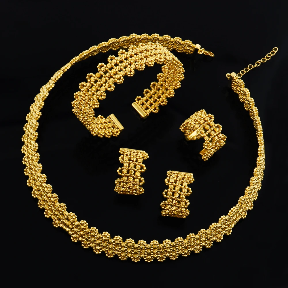

Dubai 24K Gold Plated Hand Knitting Design Jewelry Set for Women Elegant Necklace Bracelet Ring Earrings Set Gift for Party