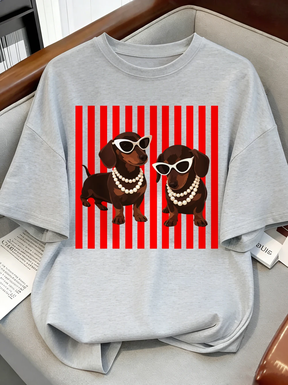 Pearl Dachshund Hundemotiv T-Shirts Baumwolle Damen Sommer Kurzarm T-Shirt Lässige Weiche Oversized Tops Basic O-Ausschnitt Kleidung – Detail 14