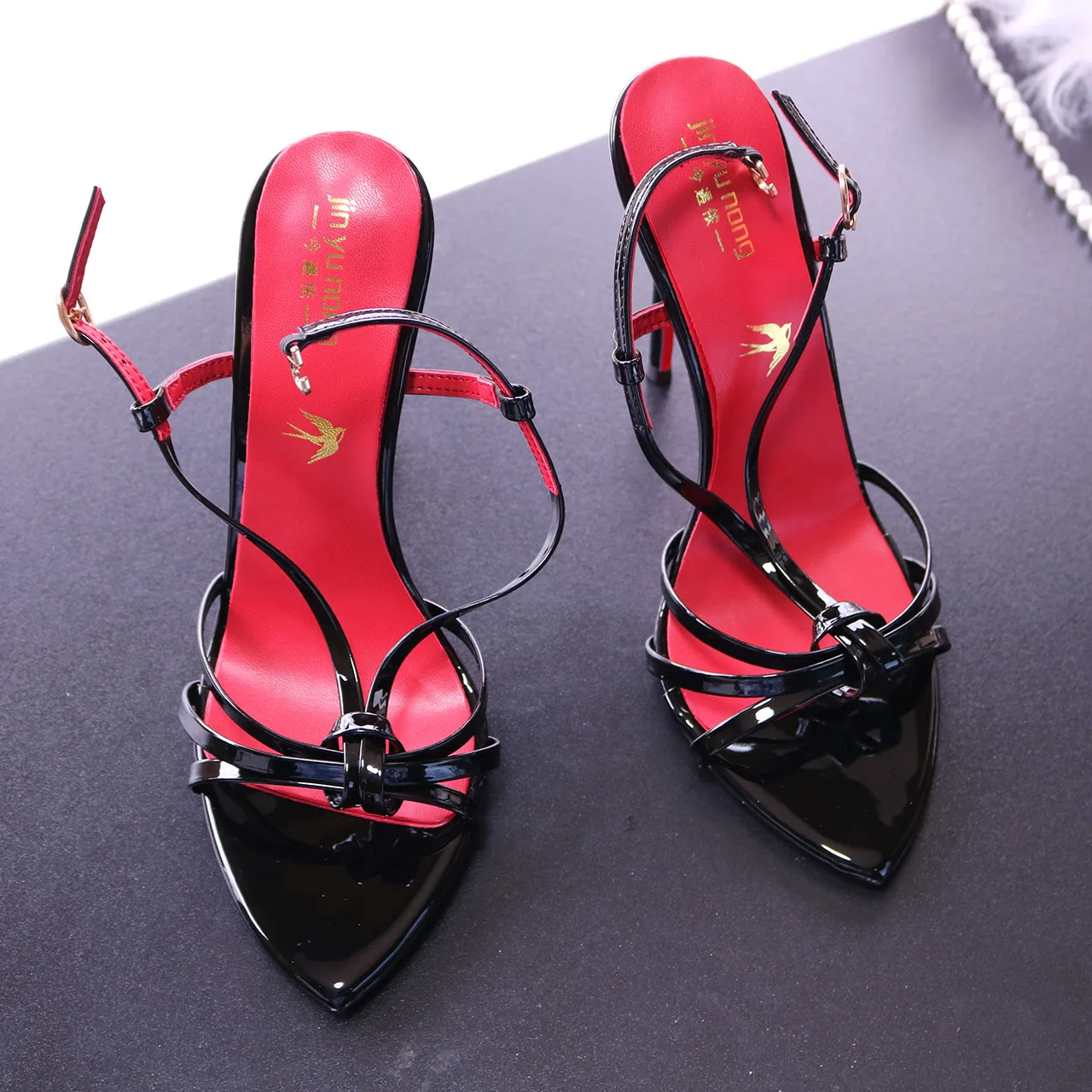 Black patent leather, red lining, high-heeled sandals for women, 12cm slim heel, pointed cross strap, sexy queen style plus size