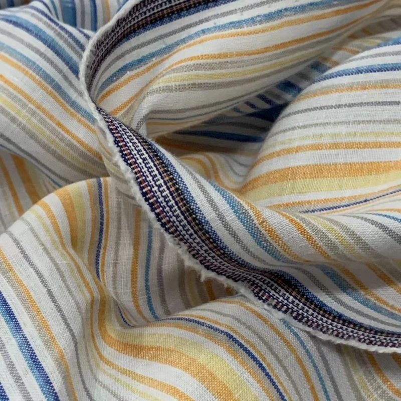 Premium Pure Linen Woven Striped Fabric Fashion Style Textile for Dress Shirt Pants Breathable Natural High Quality Fabric