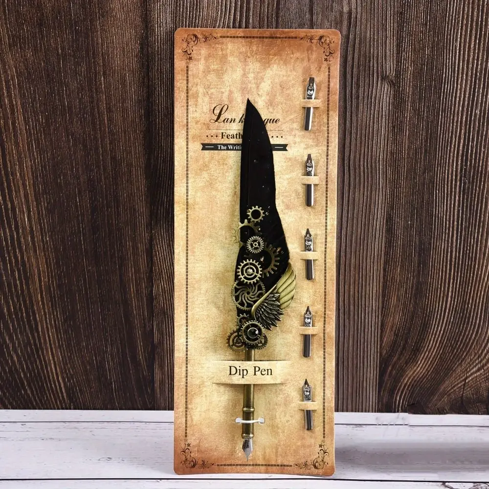 Retro Punk Dipped in Water Pen European Style Replaceable 5 Nib Metal Signature Pen Machine Fountain Pen Feather Pen