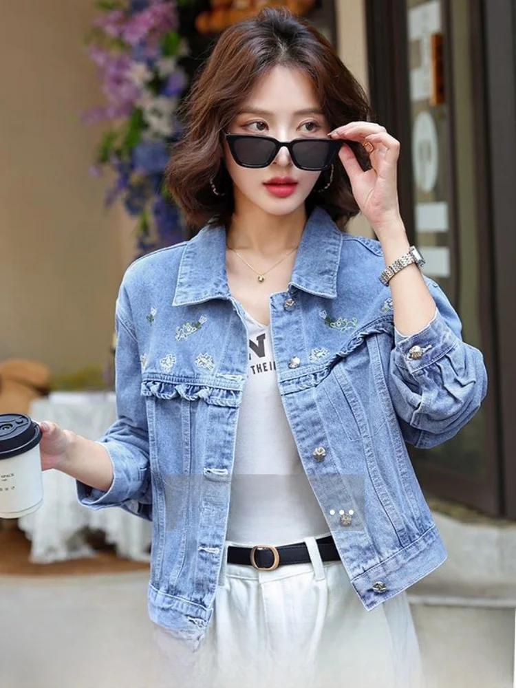 

Корейский джинсовый тюнер с вышивкой, женский дизайнерский осенний тюнер с биркой, повседневный свободный крой, длинный све