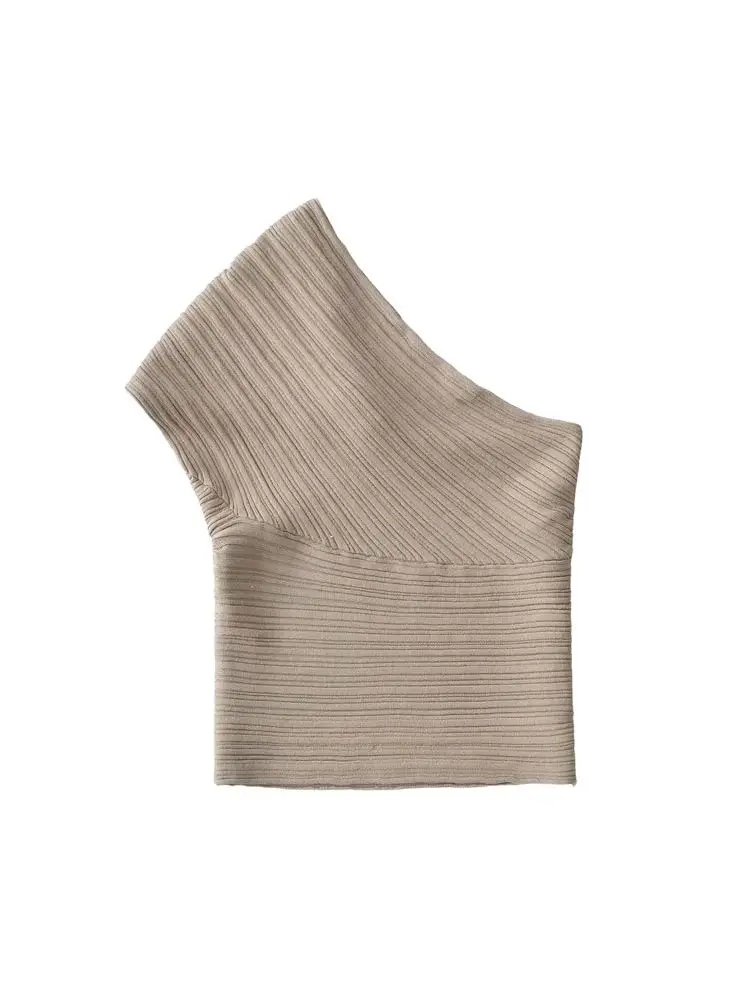 เสื้อครอปถักลายริบแบบไม่สมมาตรสำหรับผู้หญิง แฟชั่นเก๋ไก๋ แขนเสื้อมีปมด้านหน้า เสื้อผู้หญิง