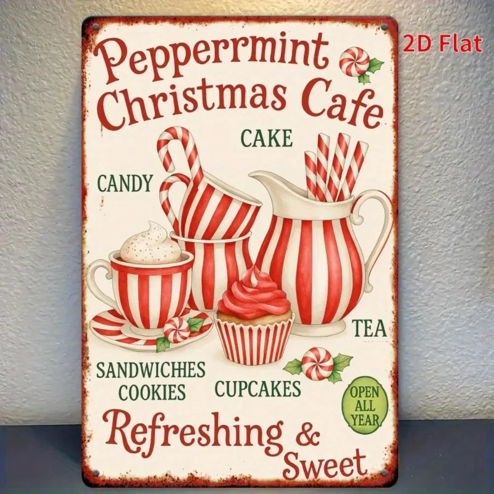 Aluminum Metal Sign Waterproof Cafe Kitchen Plaque, Red White Cup Candy Cane Cupcake Peppermint Christmas Distressed 2D Ornament