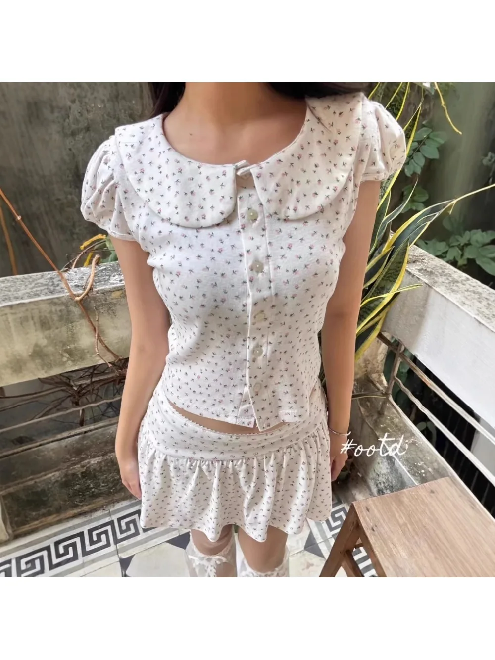 2026 New Summer French Pure Desire Floral Doll Collar Bubble Sleeve Top Short Skirt Set Rural Style Sweet Date Leisure Vacation