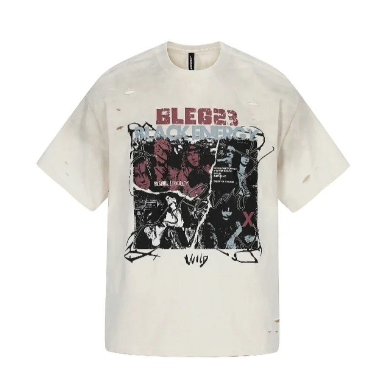 2026 New Men Vintage American Rock Band Print Distressed Short Sleeve T Shirts Unisex Washed Spray Paint Design Streetwear Tops