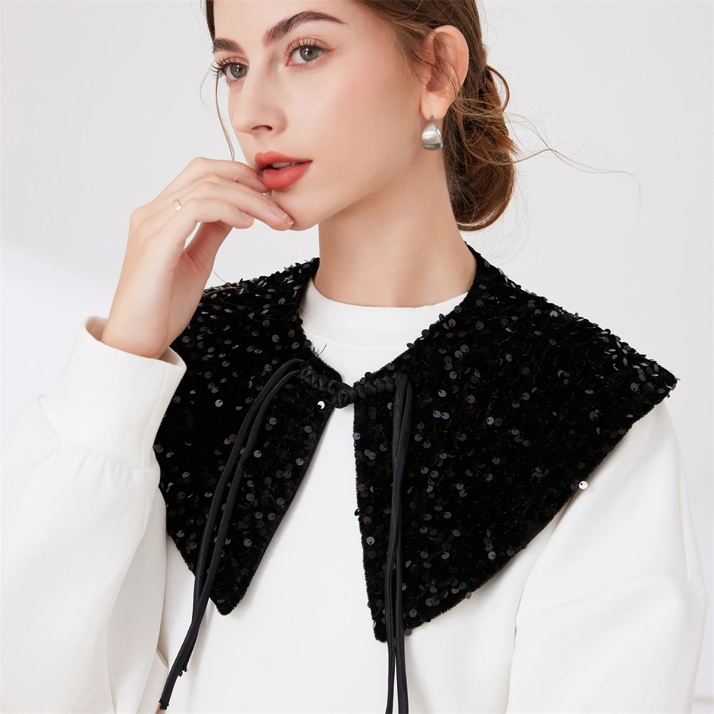 

2024 Black New Chinese Style Shinny Sequined Shawl Women's Cape Sunscreen Detachable Fake Collar For Dress Shirt Shoulder Decor