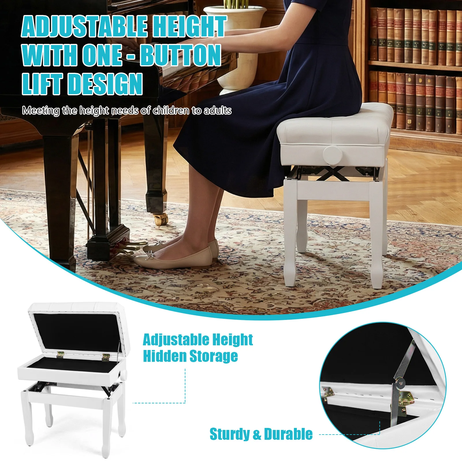 

Heavy Duty Keyboard Piano Seat with Bookcase Soft Cushion Piano Benches Breathable for Home/Music Room/Classroom