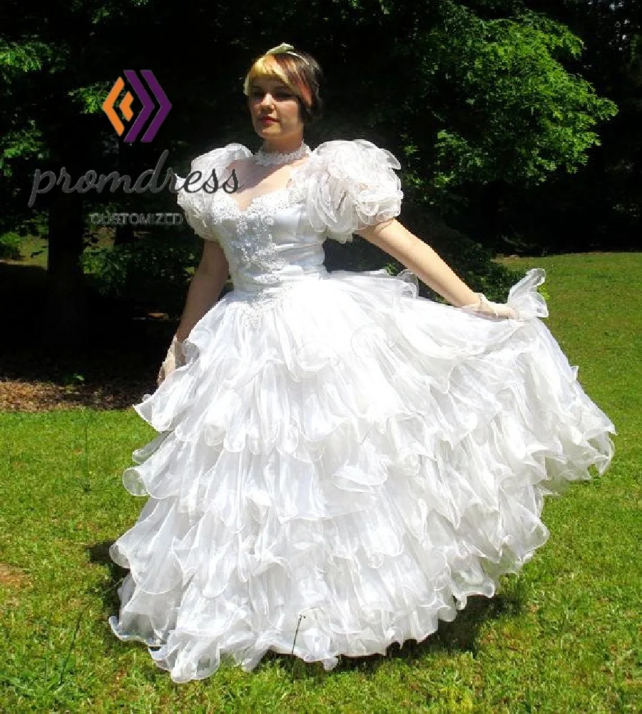 

Puff Sleeve 80s Wedding Dress O Neck Organza Ruffles Custome Bridal Dress Vintage Lace Bustle Victorian Bride Dress Customized