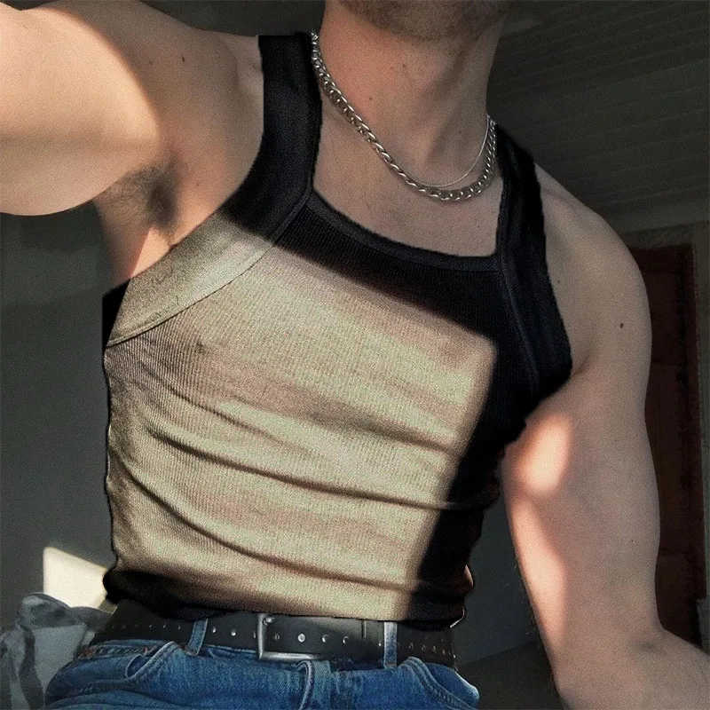 Summer and Autumn Casual Shoulder Strap Pure Color Sleeveless Shapewear European and American Sexy Tight Fitting Vest for Men