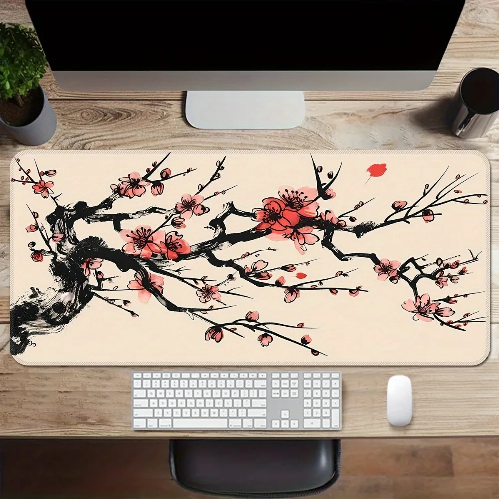 

Large Game Ink Plum Blossom Mouse Pad, Desktop Mat, Table Mat, Non-slip Mouse Pad, Stitched Edge Keyboard Mats Long Desk Pads