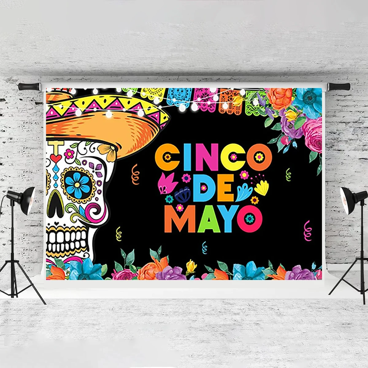 7x5ft Mexican Let's Fiesta Backdrop Cinco De Mayo Floral Carnival Holiday Celebration Day of The Dead Party Supplies Background