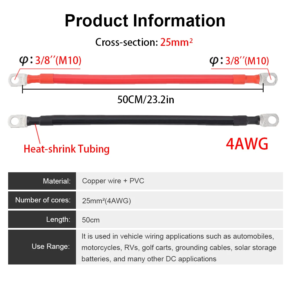 4AWG Car Battery Connector Power Inverter Cables 50cm Marine Battery Cable With Insulated Jacket  Solar Accessories