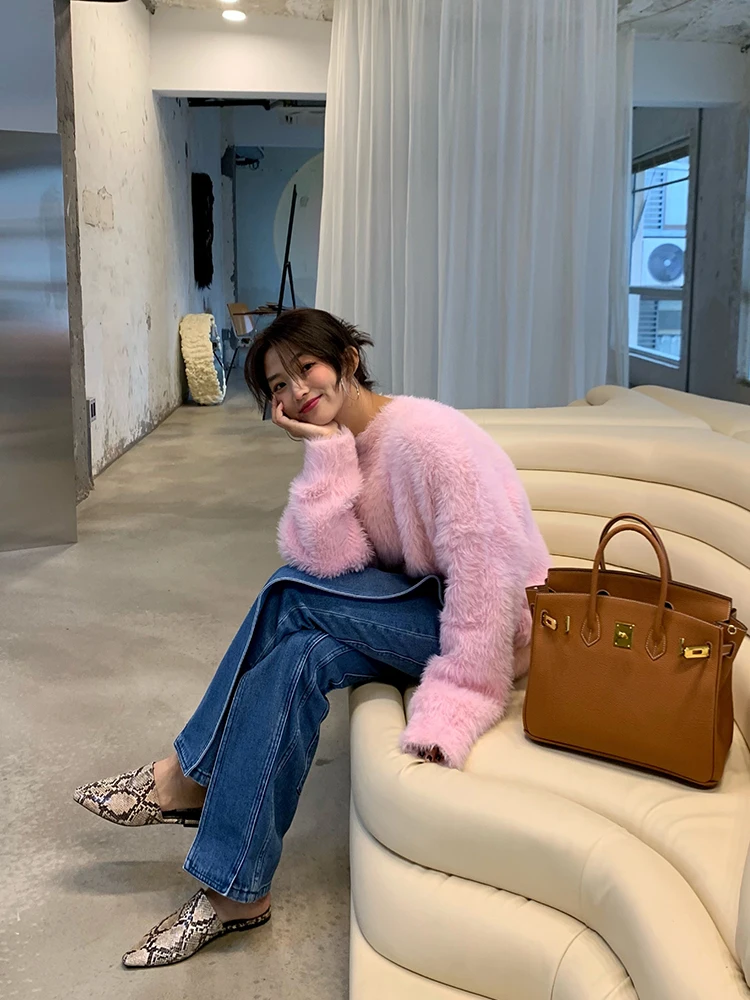 

Women's Faux Mink Knitted Base Layer Sweater Pink Overhead Warm Top Outerwear Winter Season Commute Style Loose Fit Long Sleeve