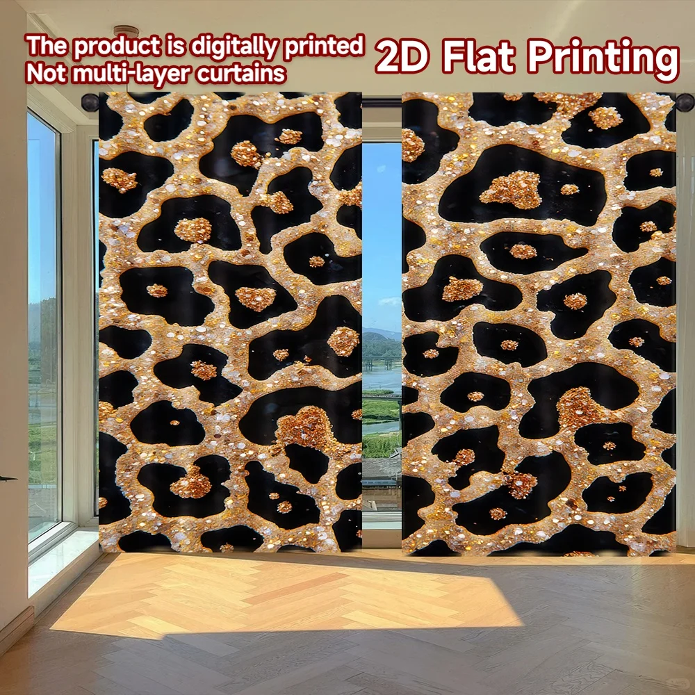

2D flat printing 2pcs Curtain Golden Leopard Spots Digital Printed Polyester Drapes Party Decorations Perfect for Indoor