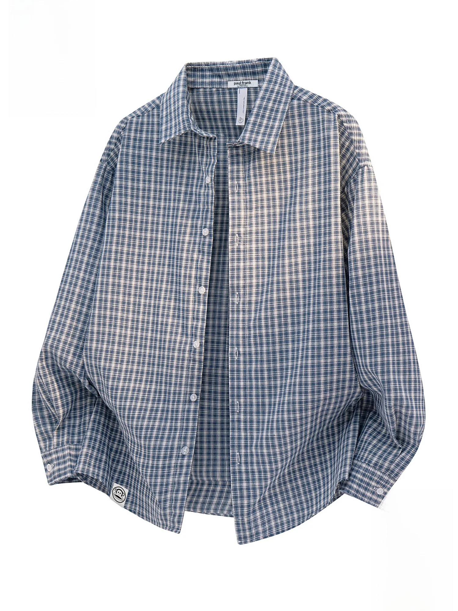 

PaulFrank Teenage Blue Plaid Loose Long Sve irt for Men Spring Season Breathable Polyester Cotton Blend Casual irt