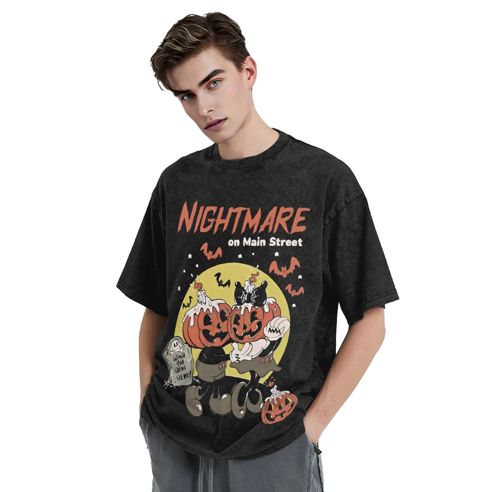 Pumpkin Mainstreet Washed T Shirts Streetwear Hip Hop T-Shirt Halloween Nightmare Tees Tops Men Women Street Graphic Printed