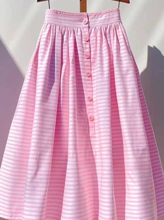 

Ele High Waist A-Line Skirt Pink Stripes Drapey Midi Skirt for Summer Commute Simple Sle Loose Fit Chinese Production