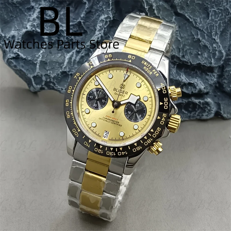 BLIGER 39mm VK64 Quartz Chronograph Watch For Men Two tone Gold Stanless Steel Strap Black Gold Bezel Sapphire Glass Waterproof