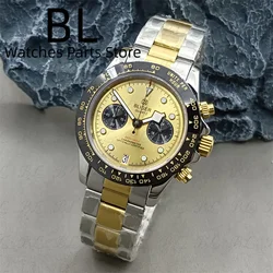 BLIGER 39mm VK64 Quartz Chronograph Watch For Men Two tone Gold Stanless Steel Strap Black Gold Bezel Sapphire Glass Waterproof