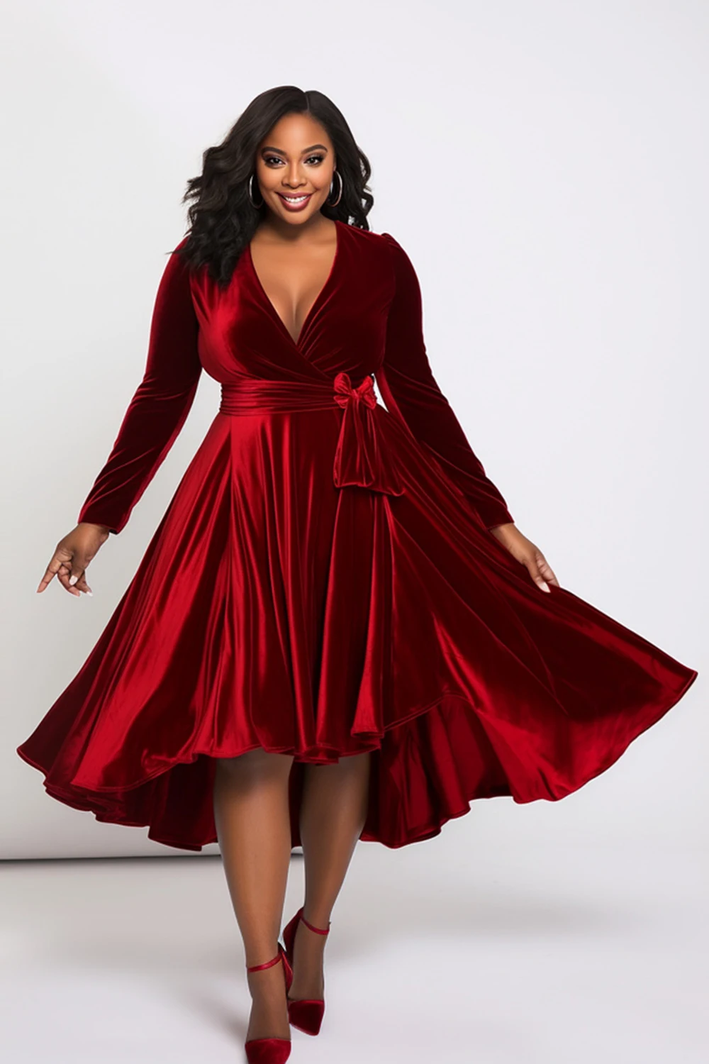 

Plus Size Cocktail Party Burgundy Wrap Neck Long Sleeve Wrap Pocket Velvet Midi Dresses