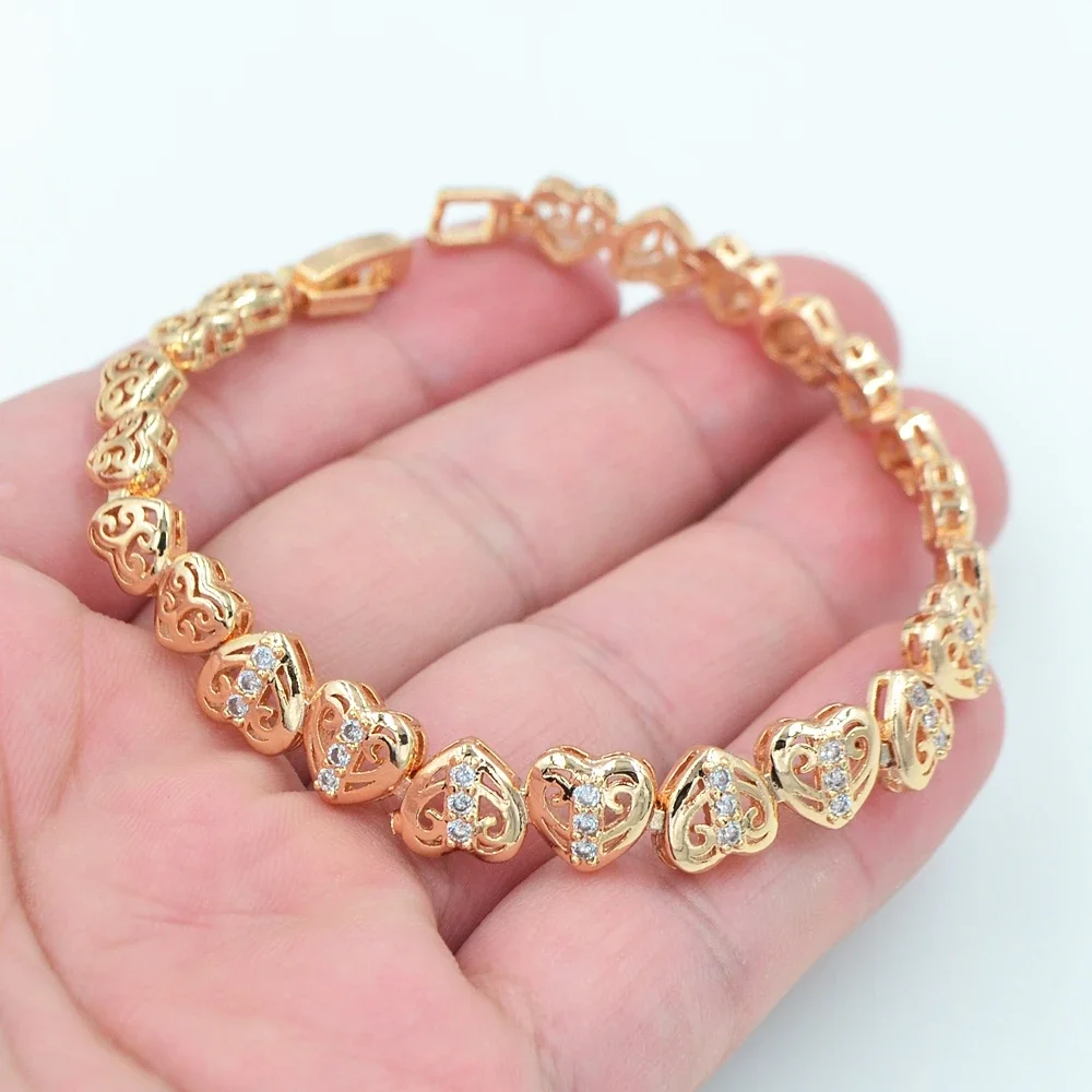 Pulsera de eslabones de corazones de amor romántico CZ de circonita transparente de Color dorado a la moda para mujer