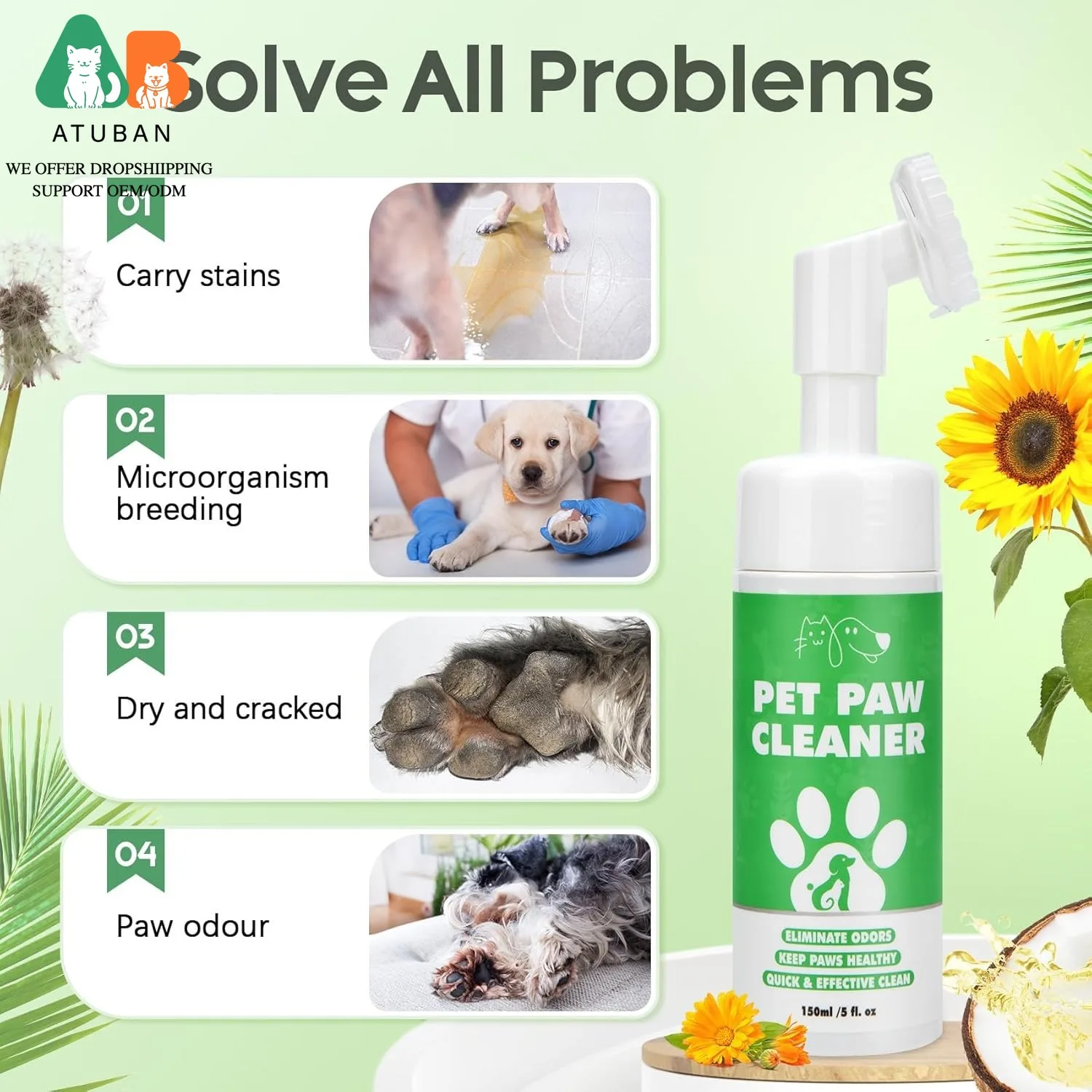 강아지 발 관리 키트, 물 없이 사용하는 폼 강아지 발 세정제와 실리콘 브러시&자연산 무해한 강아지 발밤으로 건조하고 갈라진 발과 코를 치료