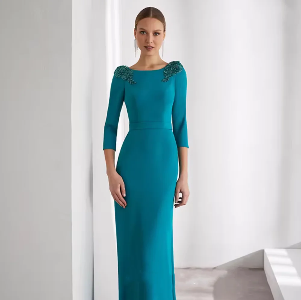 Vestido azul pálido para madre de la novia, personalizado, cuello redondo, apliques de cuentas, longitud del té, vestido de invitados de boda, vestidos de fiesta