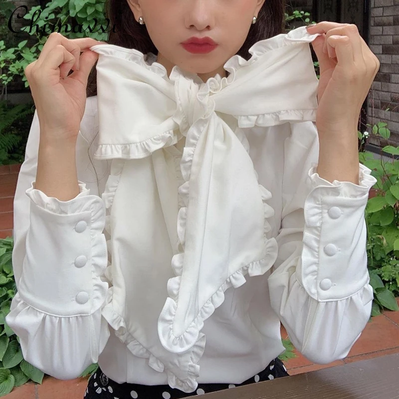 Japanese Style Retro French Style White Big Bow Tied Shirt Autumn New Girly Style Sweet Lotus Leaf Blouse Innerwear Women Tops