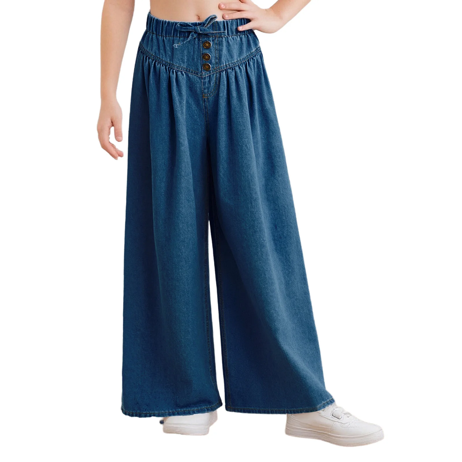 

Kids Girls Wide-Leg Jeans Pant Casual Clothes Loose Bow Decorative Buttons Elastic Waistband Denim Pants Trousers with Pockets