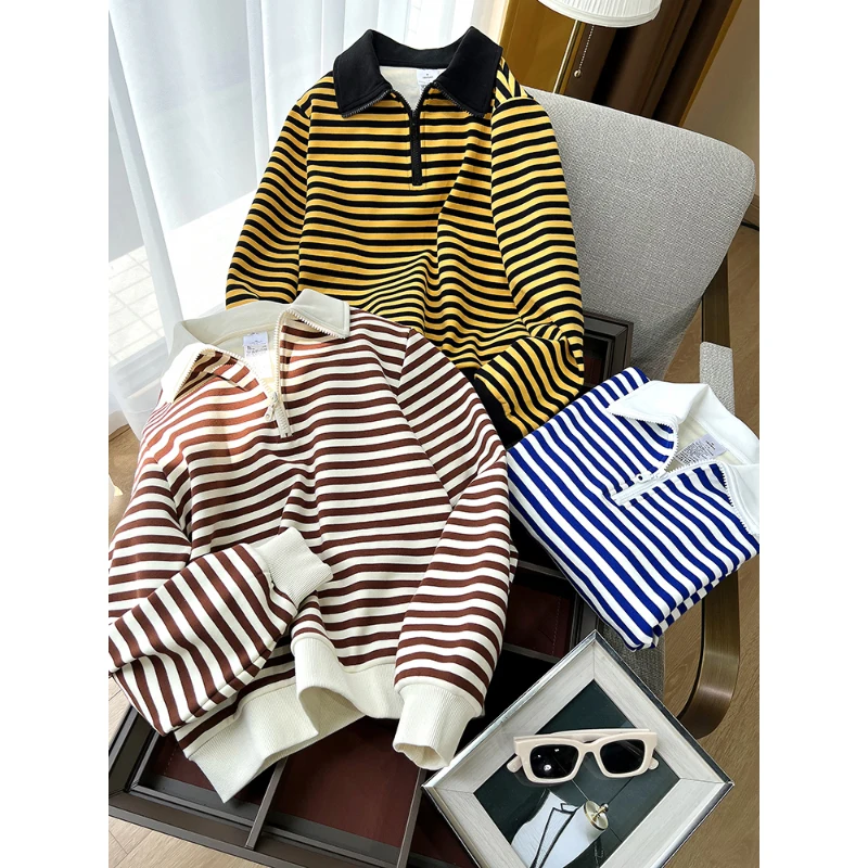 

Korean Style Striped Fleece Pullovers Fall Winter Thick Half Zipper Turn Down Collar Loose Sweatshirts Women's Harajuku Tops