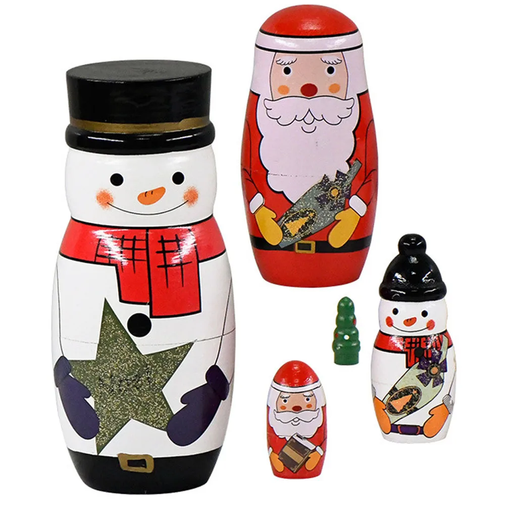 

1Set Wood Russian Nesting Christmas 4-Layer Matryoshka Stackable Bright Painted Desktop Adornments Xmas Party Gift