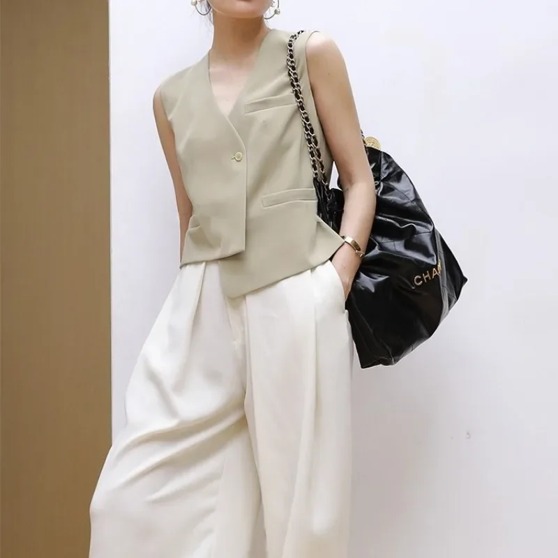 2024 Spring and Summer Women's Clothing Suit Fashion Commuter Retro V-neck Single Buckle Vest A Word High Waist Long Skirt 2pcs