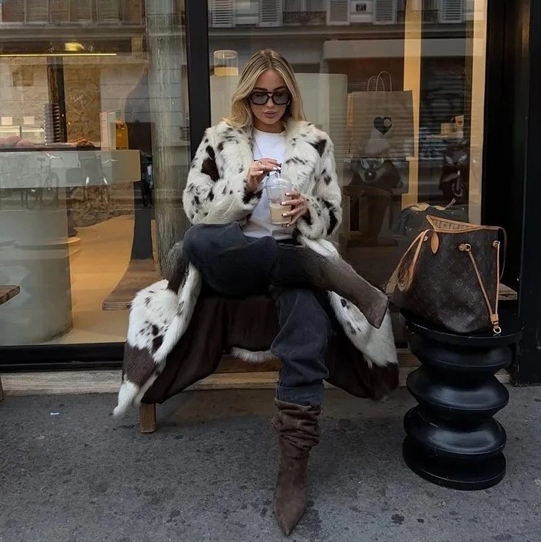 

ew Women Winter Thick Warm Outerwear Fluffy Overcoat 2025 Luxury Fashion Cow Print Long Faux Fur Coat Jacket