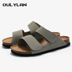 2024 Fashion Mens Cork Sandals Large Comfortable Shoes Matte Leather Double Strap Slippers Spring Trendy Beach Shoes size 40-45