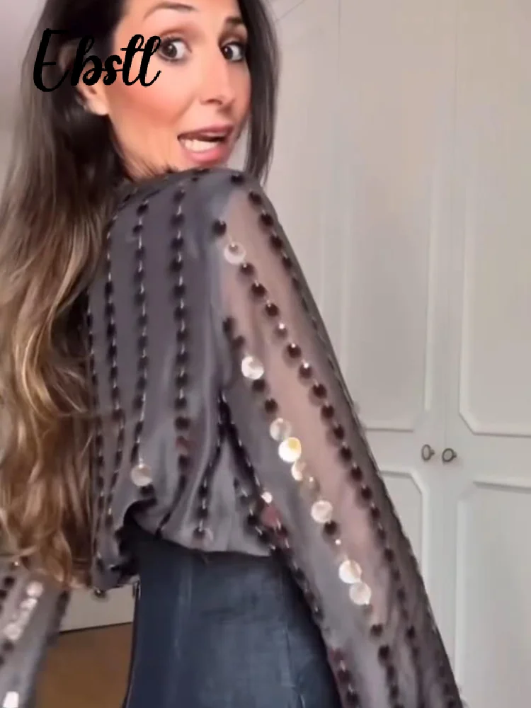 Combinaisons Sexy à paillettes et col en v pour femmes, body à manches évasées, à la mode, brillant, assorti avec tout, nouvelle collection printemps 2026