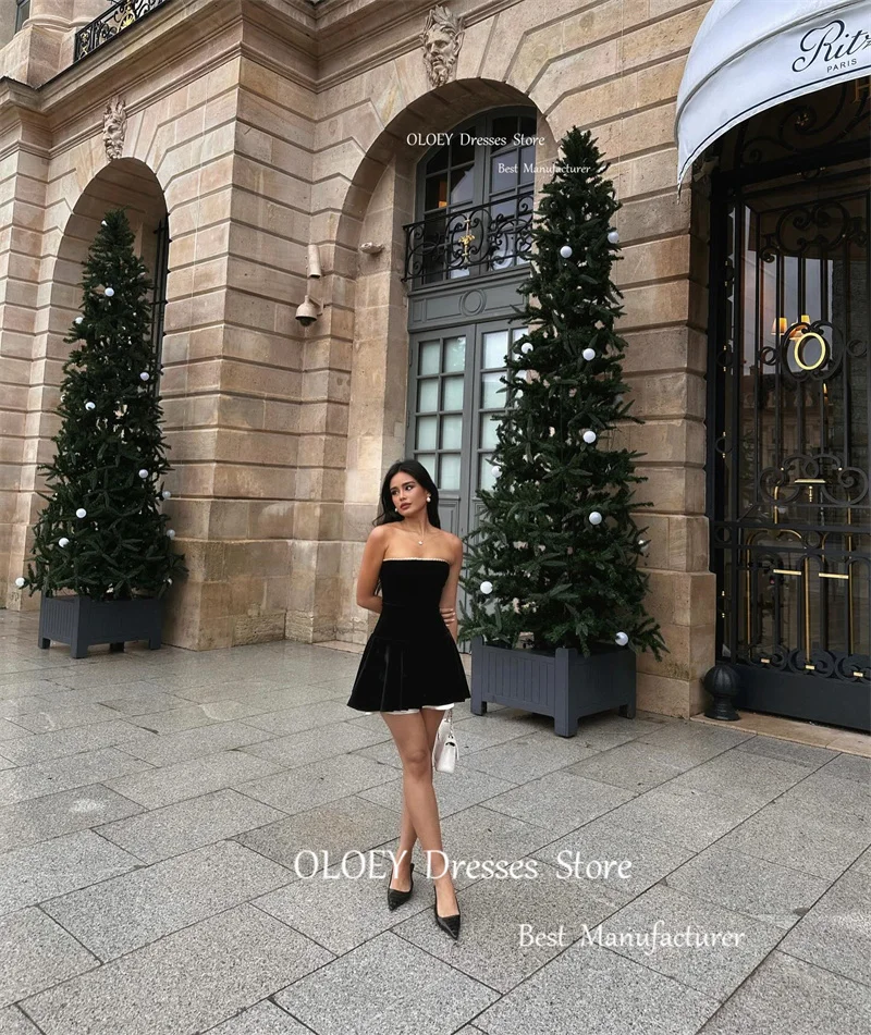 OLOEY Short Black Velvet Party Prom Dresses Mini Strapless Arabic Cocktail Dress Lady Night Event Dress Simple Evening