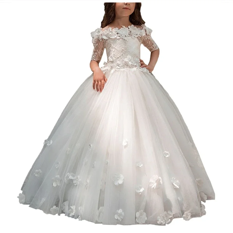 Vestidos de flores para niña, Apliques de encaje para fiesta de boda, hombros descubiertos, media manga, tul, vestidos de primera comunión de princesa infantil