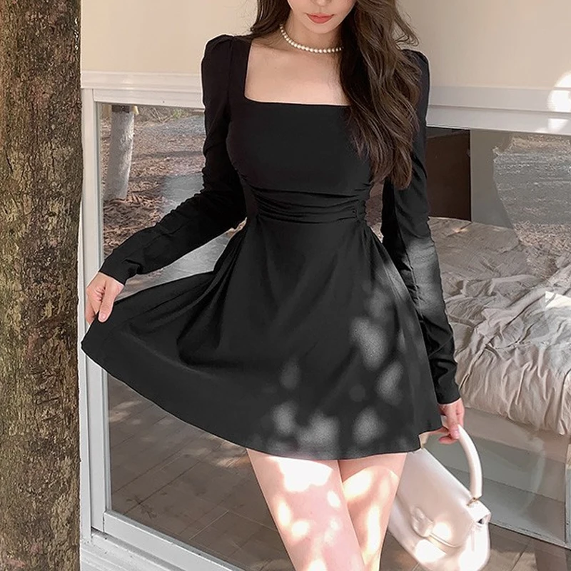 Moda damska Ruched Square Collar Sexy Bodycon Elegant A Line Dresses Y2K Black High Waist Long Sleeve Club Mini Dress Vestidos