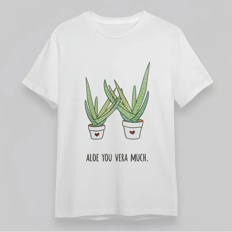 تي شيرت رجالي برقبة دائرية من Aloe You Vera Much Potted Plant White Cotton قصير